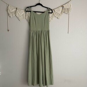Commense Green Cotton Linen Lace Up Dress‎